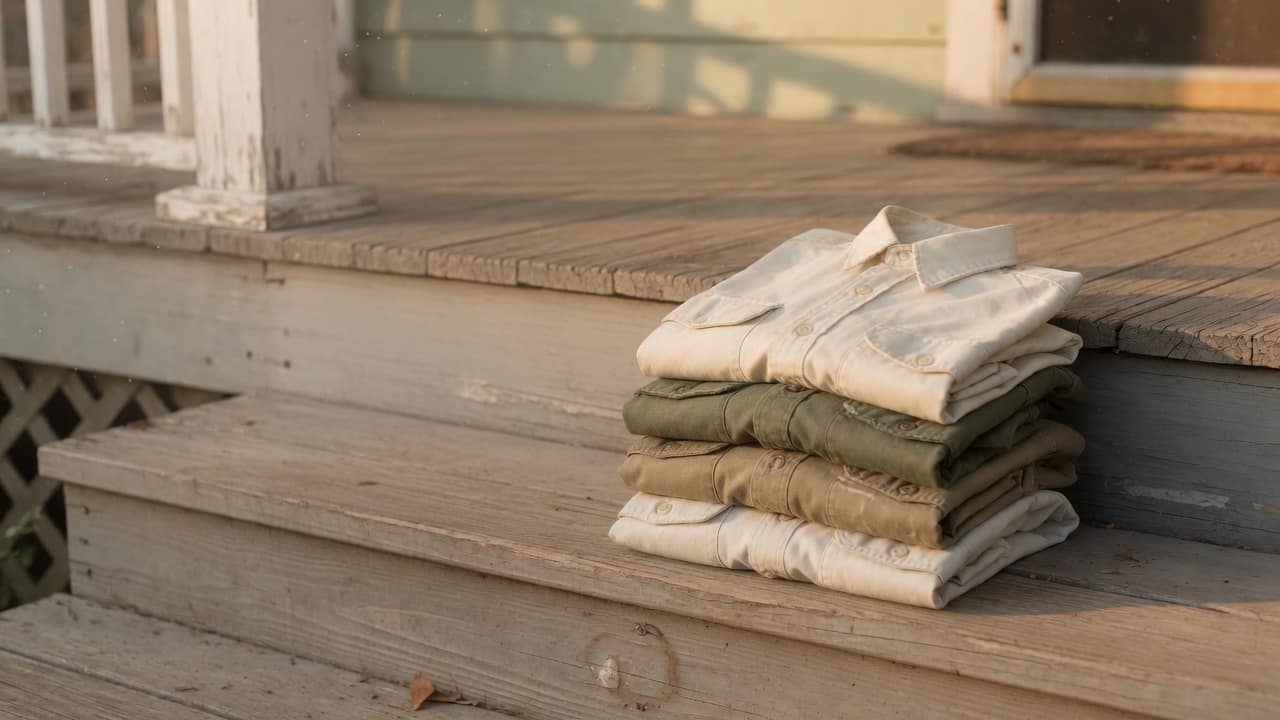 Folded shirts on a porch step.