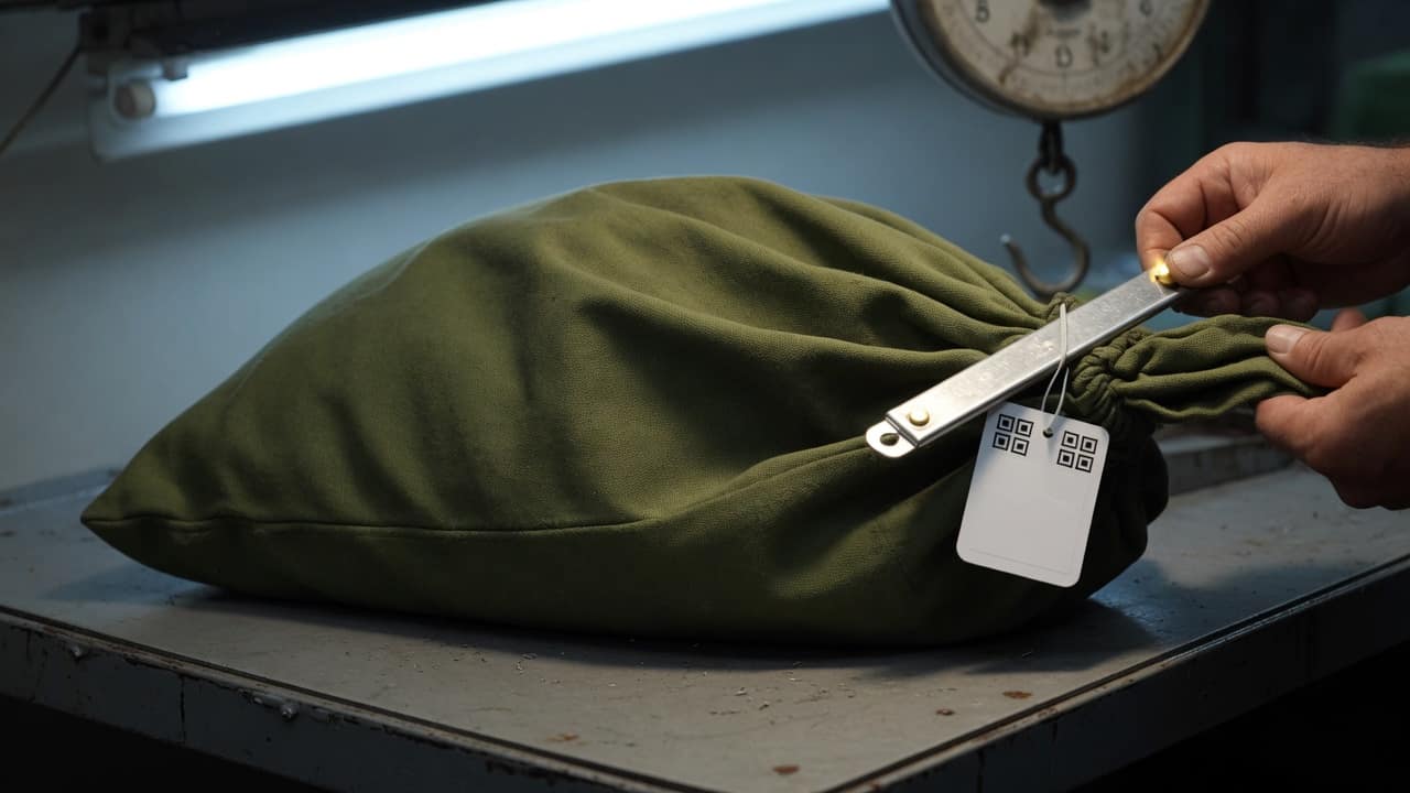 A laundry bag sealed and tagged on a steel table.